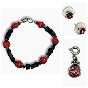 Sterling Silver 925 Red Lucite Lady Bug Onyx Bead Bracelet 6.5" Charm Earrings